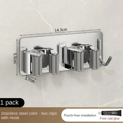 Non-Perforated Stainless Steel Mop Holder — Wall-Mounted Broom & Mop Clamp Hook for Bathroom & Door Storage