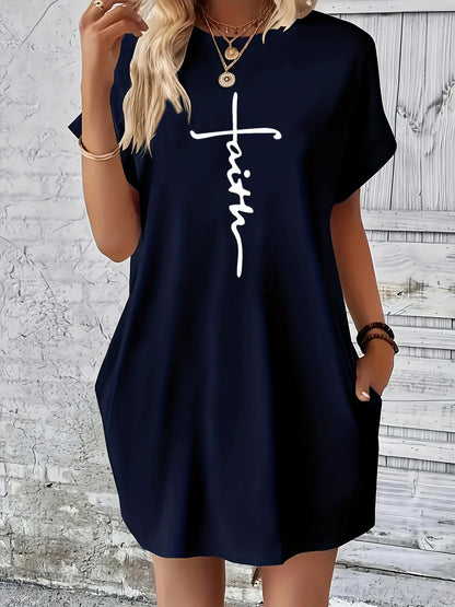 Women’s Plus Size Summer Casual Dress – Loose Fit Cross Faith Print Round Neck Short Sleeve Pocket T-Shirt Dress