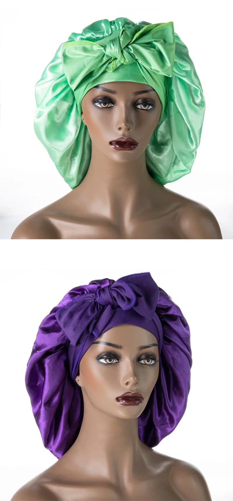 Satin Nightcap for Women - Wide Stretch, Extra-Large Long Tail, Shower Cap with Ribbon, Round Hat Hair Bonnet