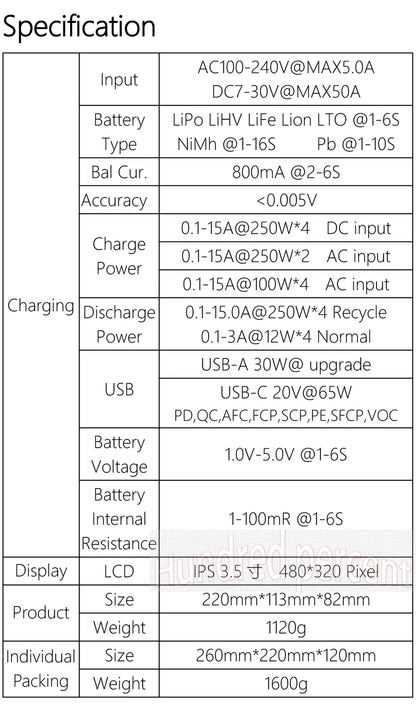 ToolkitRC Q6AC Charger — AC 400W/DC 1000W 4CH with USB A/Type-C, LiPo 1-6S, NiMH 1-16S, PB 1-10S, IPS Display