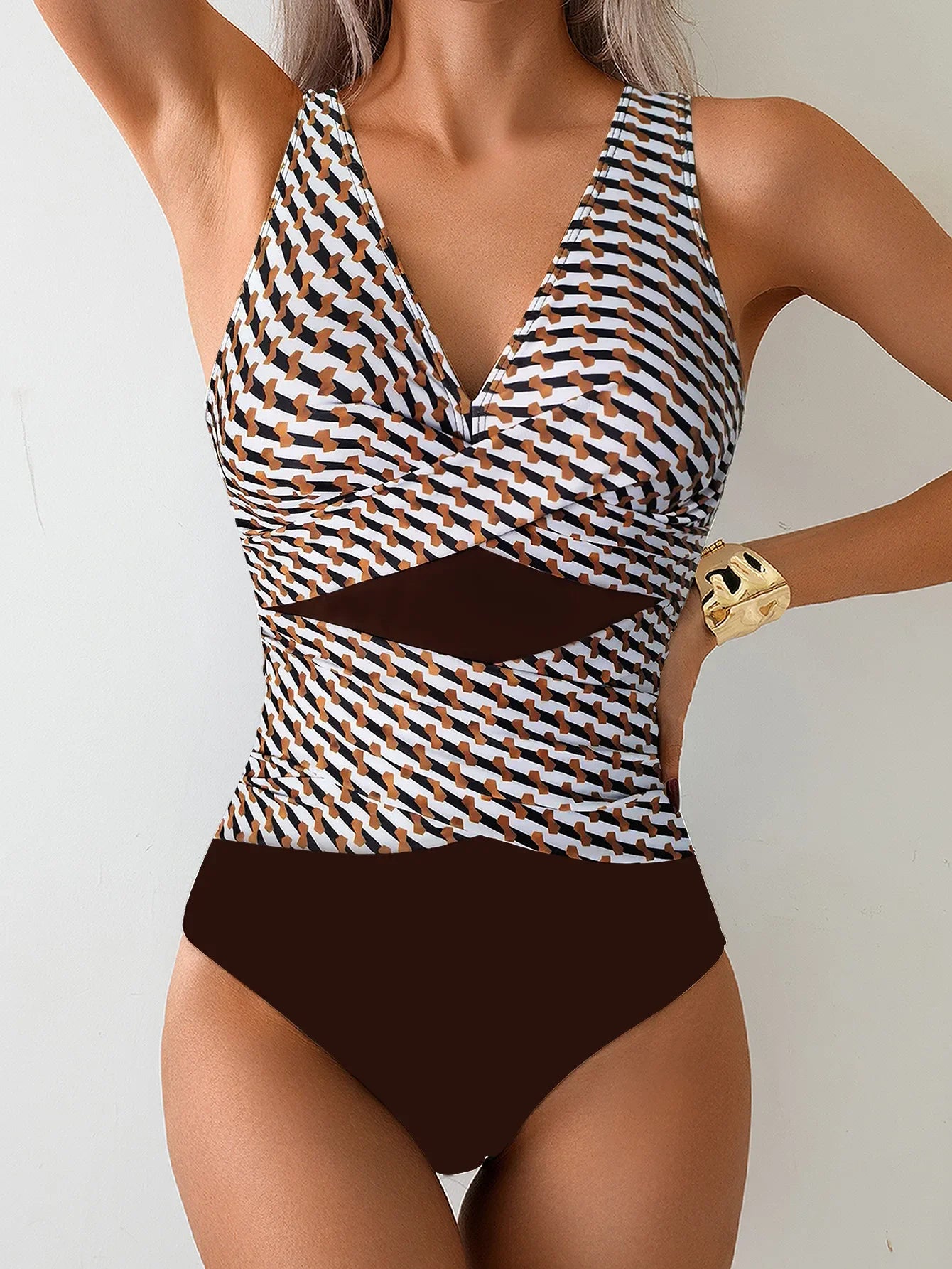 Patchwork Tummy Control Swimsuit - Women's Deep V Neck Cross One Piece Monokini Beach Bathing Suit