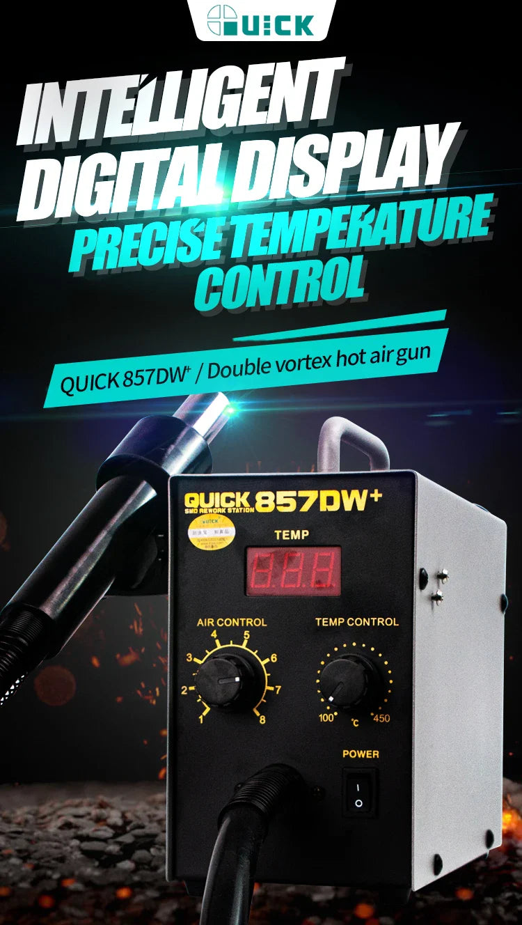QUICK 857DW+ Dual Hot Air Desoldering Station – Intelligent SMD PCB & BGA Repair Tool for Welding and Desoldering
