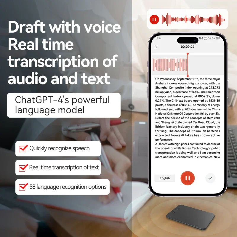 AI-Powered ChatGPT-4 Phone Call Recorder – Mini Audio Voice Recorder, Transcribe & Summarize, 58 Language Translator, Audio Dictaphone
