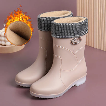 Women’s Fashion Mid-Tube Rain Boots – Wear-Resistant, Waterproof Rubber Shoes with Thick Sole, Non-Slip & Cotton Lining