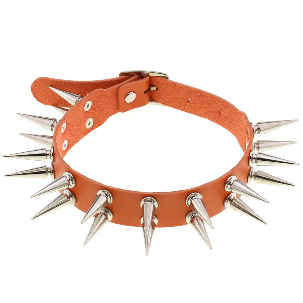 Long Spiked Choker Collar – Black PU Leather Punk Goth Necklace for Women & Men, Cosplay Jewelry Accessory