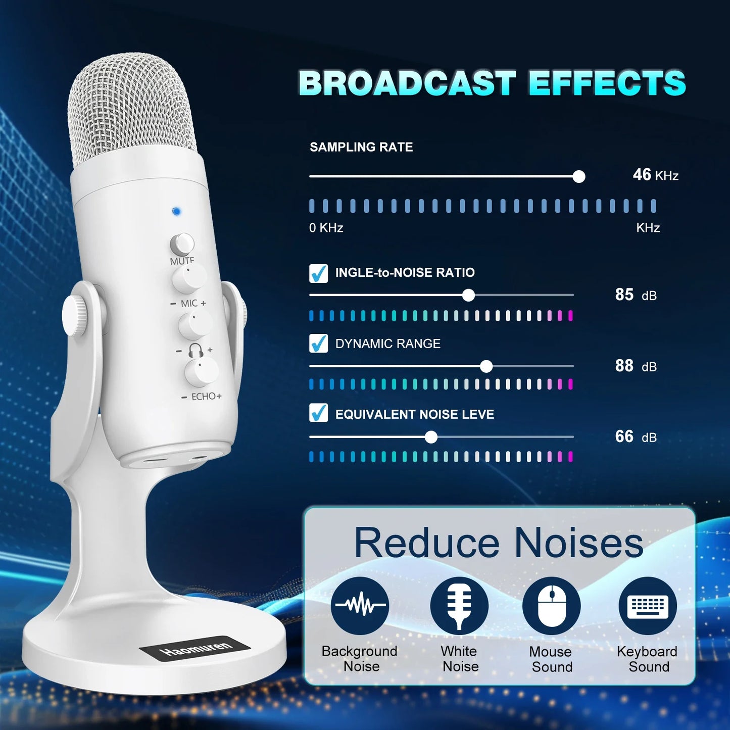Haomuren Professional USB Condenser Microphone – White Studio Recording Mic for PC, Phone & Streaming