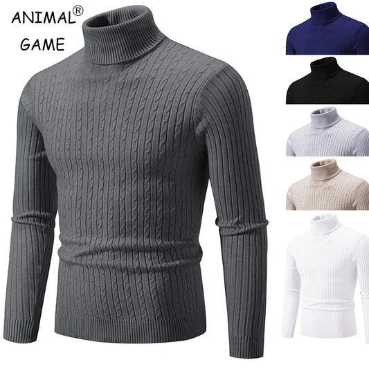 New Men's High Neck Sweater - Solid Color Knitted Pullover Turtleneck, Warm Casual Woolen Tops for Winter Outdoor Wear