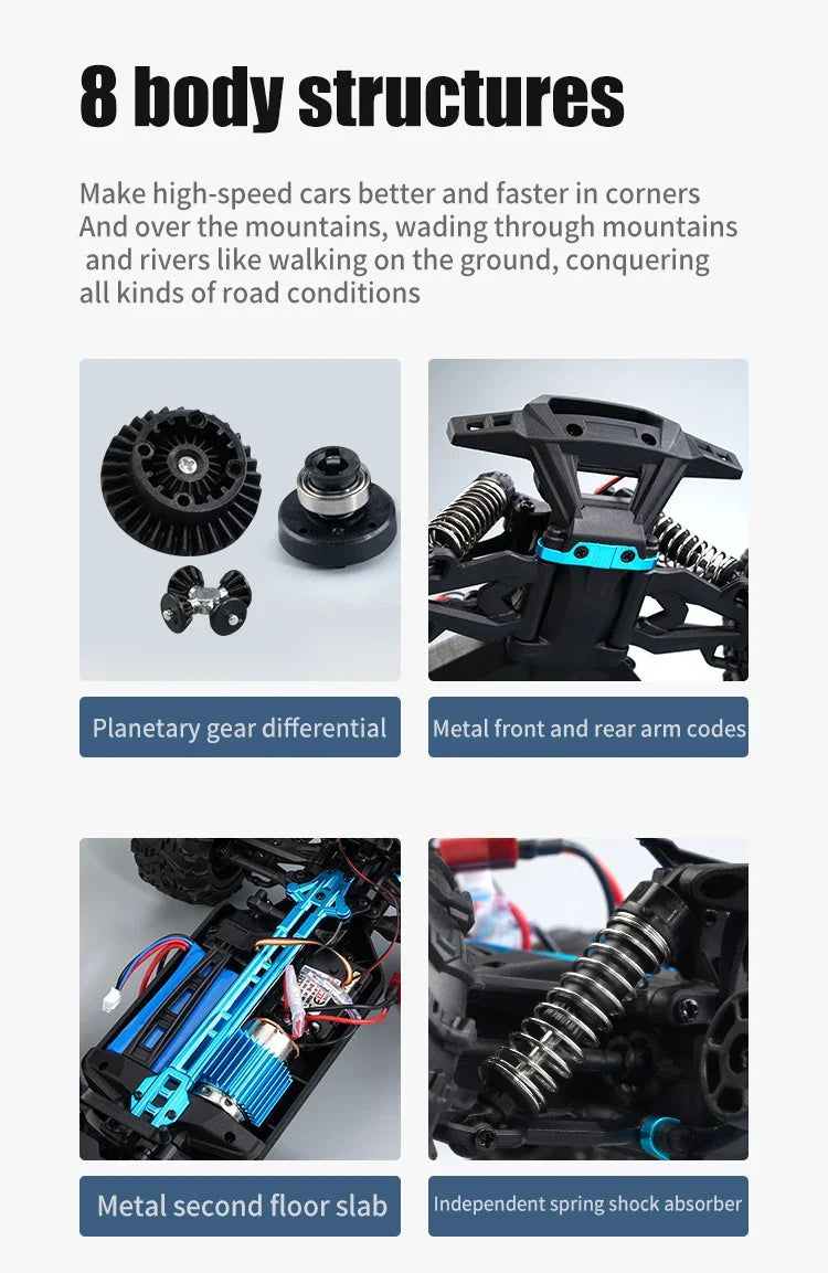 RC Off-Road 4x4 Brushless Car – 70KM/H High-Speed 1/16 4WD Monster Truck with LED Lights for Kids