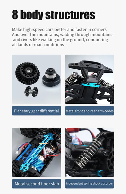 RC Off-Road 4x4 Brushless Car – 70KM/H High-Speed 1/16 4WD Monster Truck with LED Lights for Kids