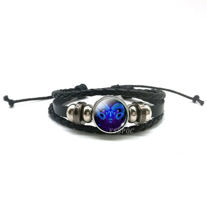 Men’s Zodiac Sign Leather Bracelet | 12 Constellation Black Braided Wrap | Punk Style Multilayer Bracelet for Birthday Gifts