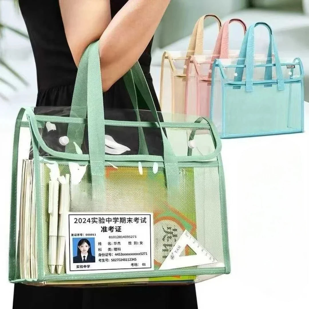 A4 Student Exam File Bag - Waterproof Double Layer PVC Document Organizer with Handle & Pockets