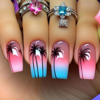 24pcs Blue Golden Stripe Press-On Nails Shiny Powder Long Square Full Cover False Nail Tips Wearable Love Design
