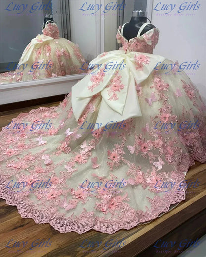 Pink Flower Girl Dress - Fluffy Tulle Butterfly Applique Gown for Weddings & Parties