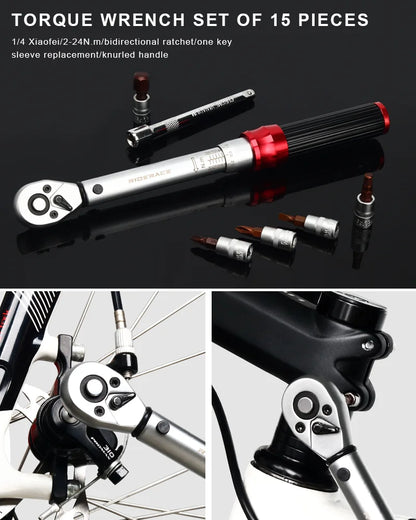 RIDERACE 15PCS Bicycle Torque Wrench Set | 1/4" 2-24Nm Dual Direction Allen Key & Socket Spanner Kit