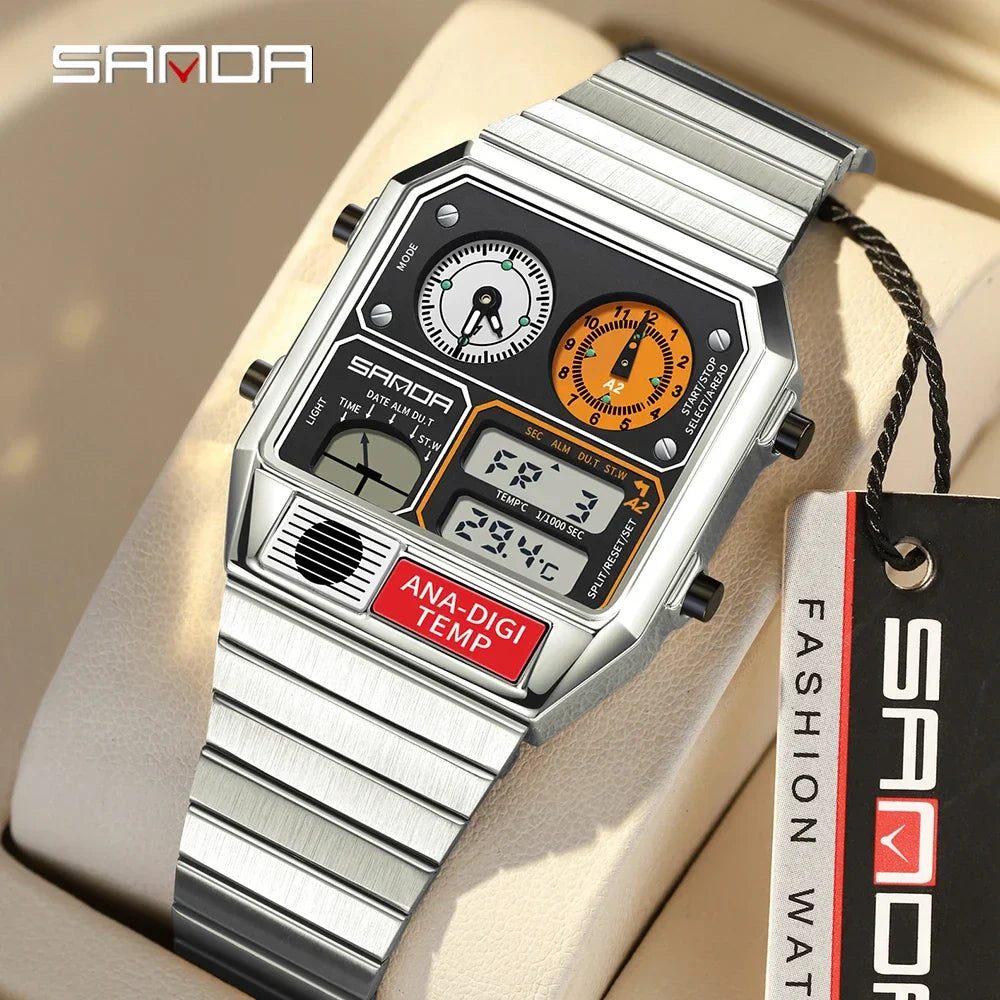 SANDA 3192 Men's LED Square Watch with Thermometer, Stopwatch & Chronograph – Multi-function Casual Timepiece for Youth   2/2