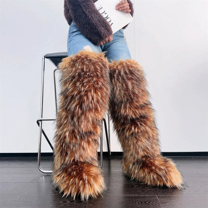 Women’s Faux Mongolian Fur Thigh High Boots - Winter Warm Plush Lined Fashion Boots for Cold Weather