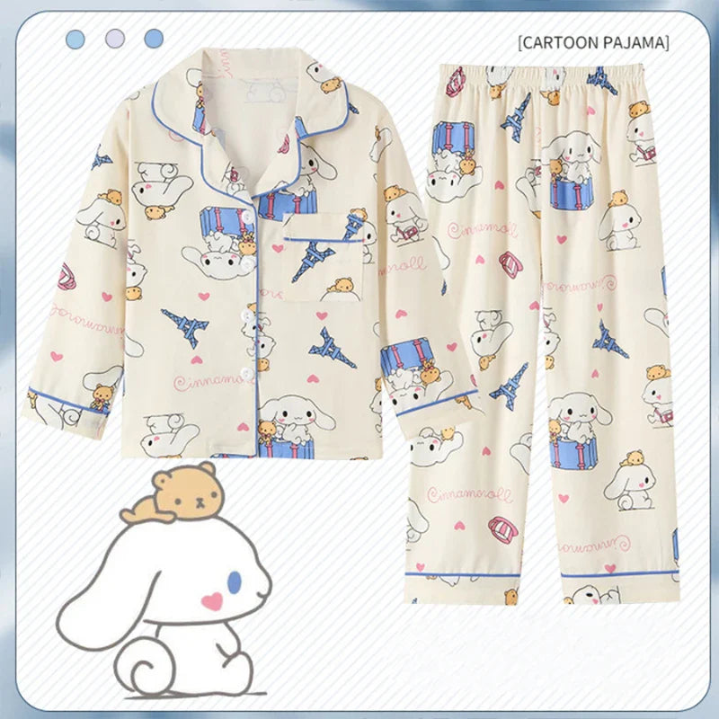 2pcs Kid's Cinnamoroll Pajamas Set - Long Sleeve Top & Pants, Kuromi Sanrio Print Loungewear for Girls
