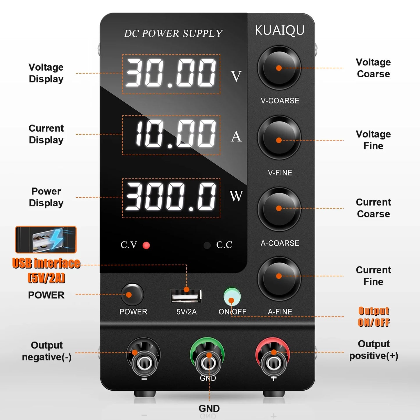 KUAIQU Adjustable DC Power Supply – Lab Bench 30V 10A, 60V 5A, 120V 3A with Preset Current & USB Interface