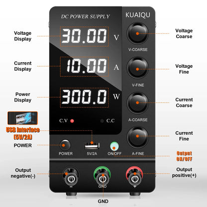 KUAIQU Adjustable DC Power Supply – Lab Bench 30V 10A, 60V 5A, 120V 3A with Preset Current & USB Interface