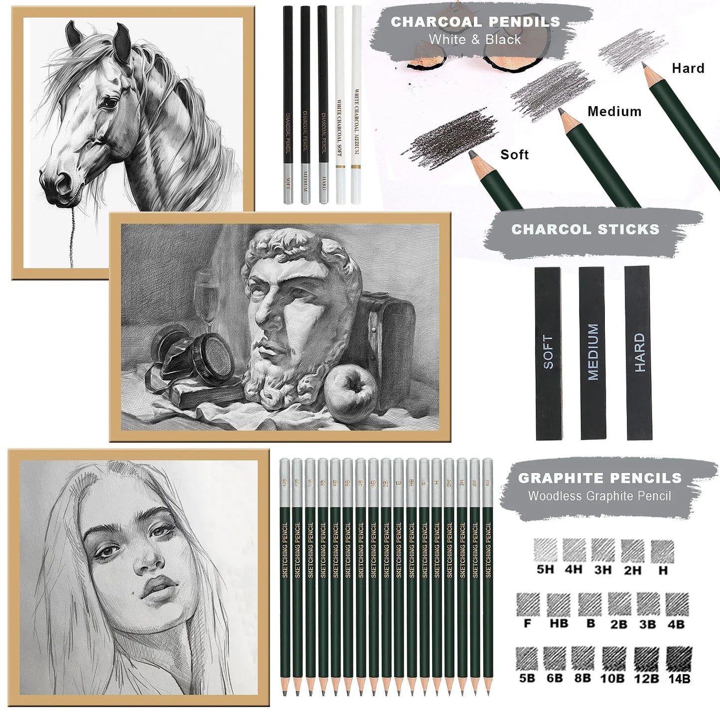 Drawing & Sketching Kit 20/54/58/70/144PCS – Portable Travel Case with Graphite, Charcoal, White Color Pencils & Blending Stump