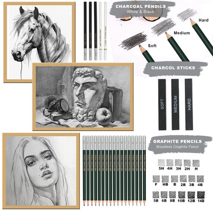 Drawing & Sketching Kit 20/54/58/70/144PCS – Portable Travel Case with Graphite, Charcoal, White Color Pencils & Blending Stump