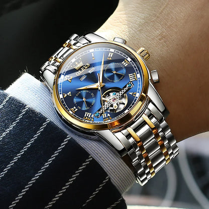 OLEVS Men's Automatic Mechanical Watch – Waterproof Stainless Steel Business Wristwatch with Skeleton Calendar