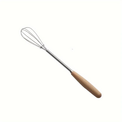 Mini Stainless Steel Whisk — Egg Beater and Milk Frother with Solid Wood Handle for Blending and Beating