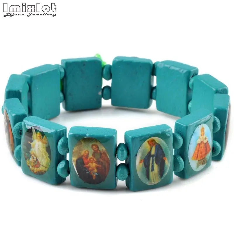 Wooden Rosary Bracelet - Elastic Colored Bead Catholic Prayer Bracelet with Jesus and Saint Design