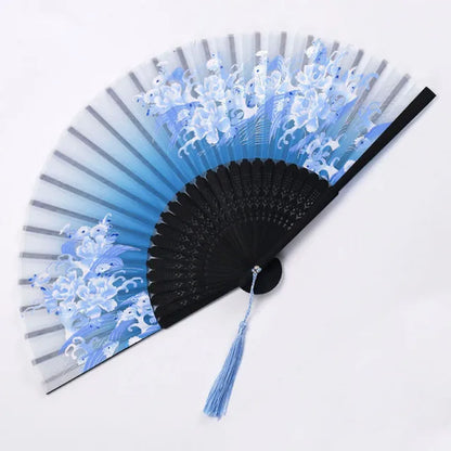 Bamboo Folding Fan with Silk — Chinese & Japanese Style Handheld Fan, Antique Art Craft for Summer Dance, Home Decor & Party