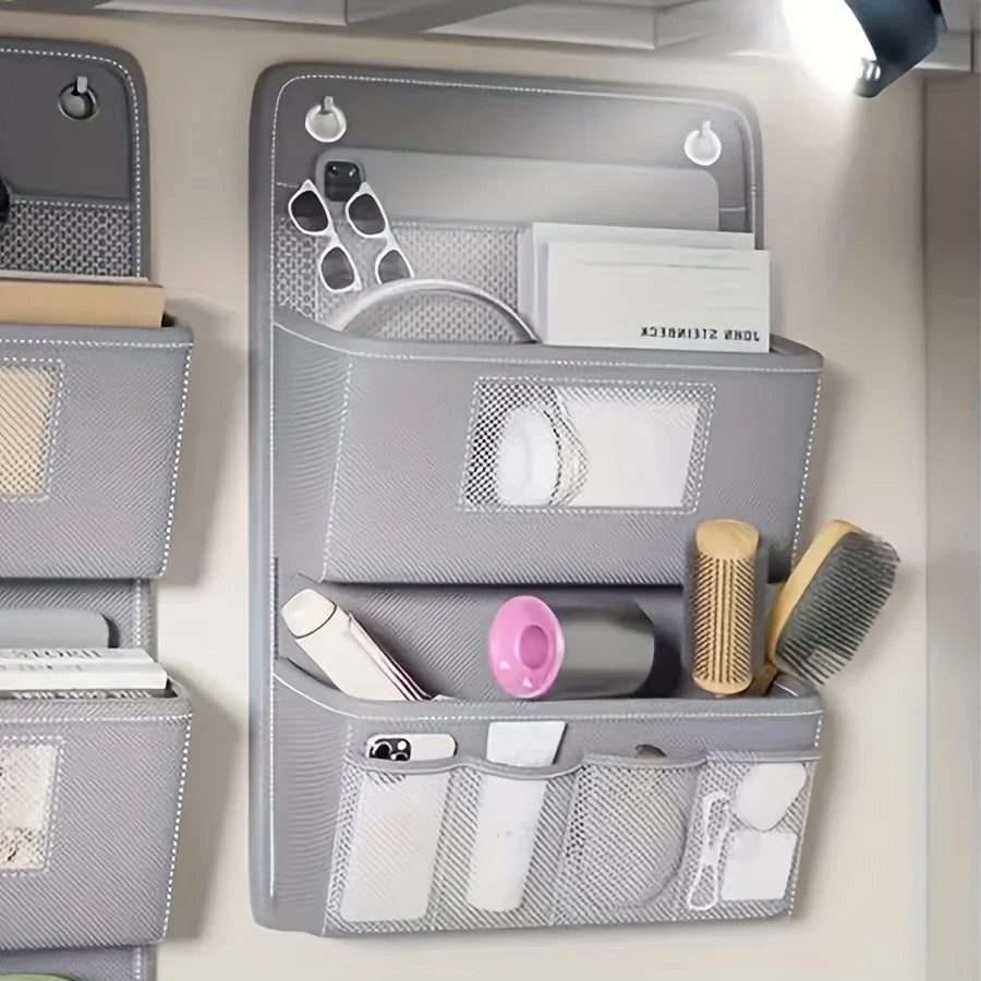 Gray Wall-Mounted Storage Organizer – Multi-Compartment Fabric Hanging Bag with Window & Hooks for Office or Closet
