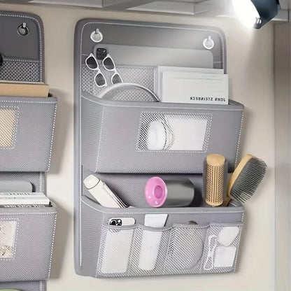 Gray Wall-Mounted Storage Organizer – Multi-Compartment Fabric Hanging Bag with Window & Hooks for Office or Closet
