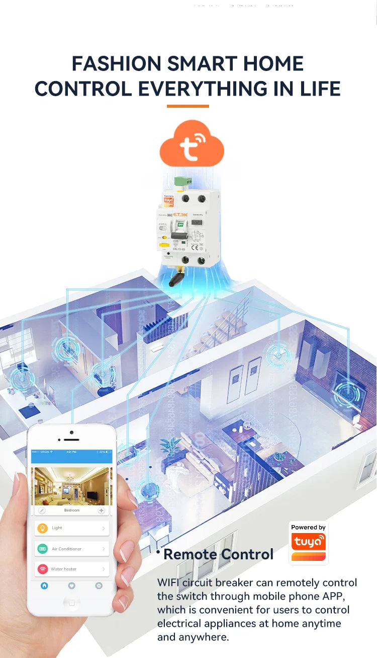 ETEK Tuya WiFi Smart Circuit Breaker RCBO – Remote Control, Short Circuit Protection, Timer, 2P 16A-63A, Smart Life App (EKR3L)