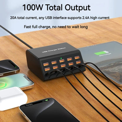 100W Desktop USB Charger — 15-Port Fast Charging Station for iPhone, iPad & Samsung Tablets