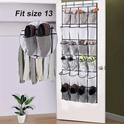 24-Grid Wall-Mounted Shoe Organizer – Fabric Closet Storage Rack with Mesh Pockets, Clear Hanging Over-the-Door Cloth Bag
