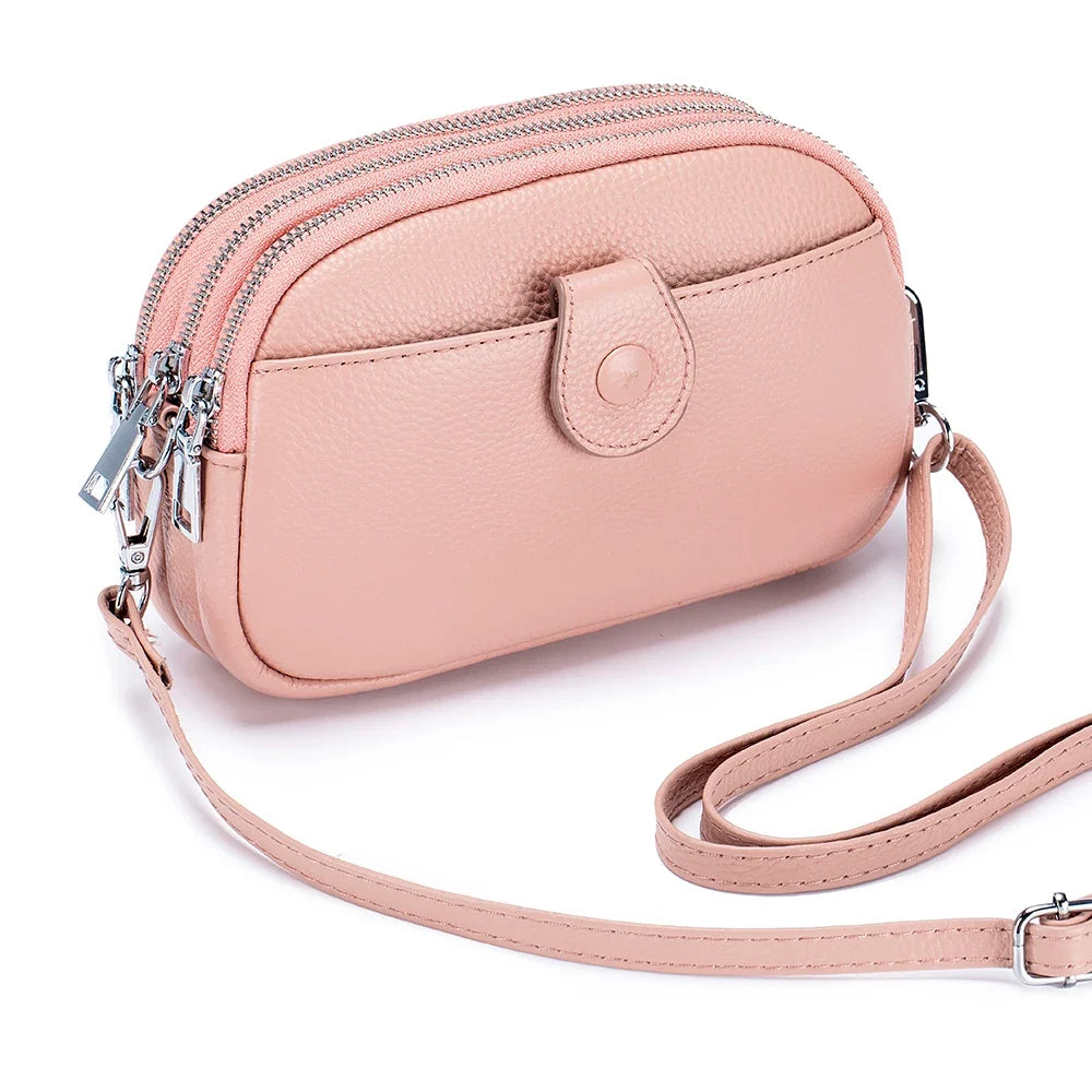 Real Leather Women’s Shoulder Bag - Mini Crossbody Purse with Three Zipper Pockets