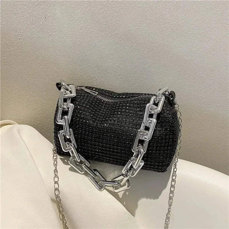Allover Rhinestone Bucket Bag – Glitter Chain Prom Purse, Women's Mini Crossbody Bag (6.3 x 3.54 Inches)