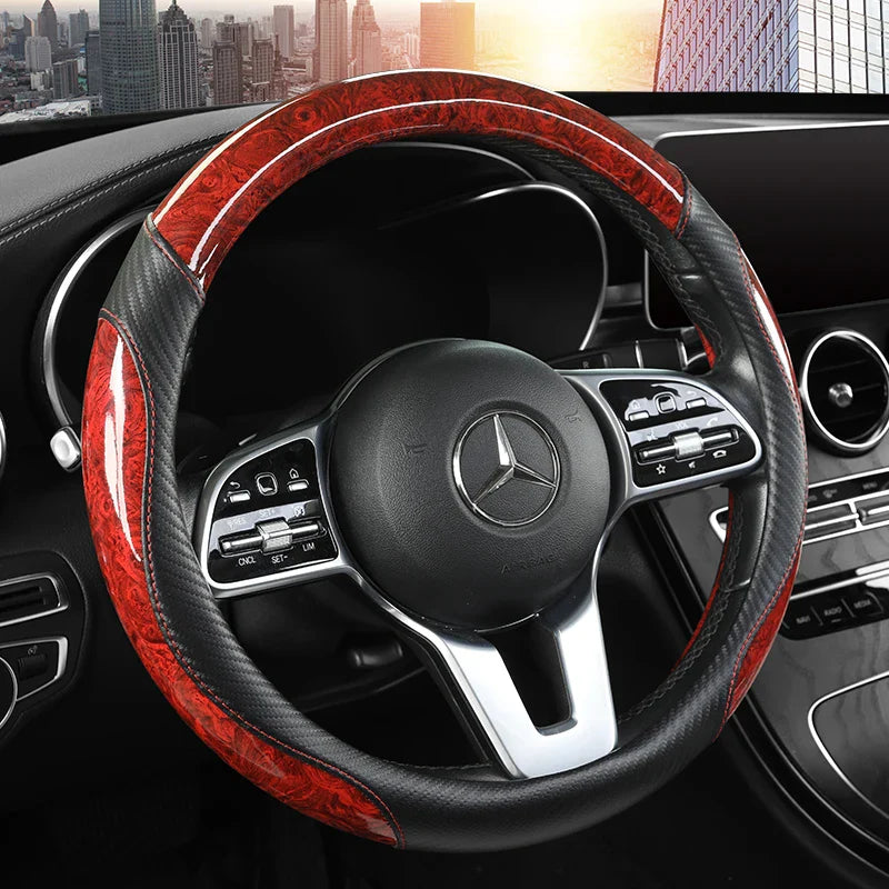 Peach Wood Grain Car Steering Wheel Cover — Non-Slip, Four Seasons, Fits 14.5-15" Wheels