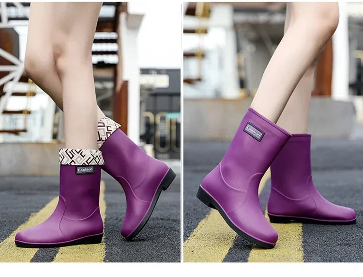 Women’s Four-Season Waterproof Rain Boots – Mid-Tube Non-Slip Rubber Shoes with Cotton Lining for Outdoor Fashion