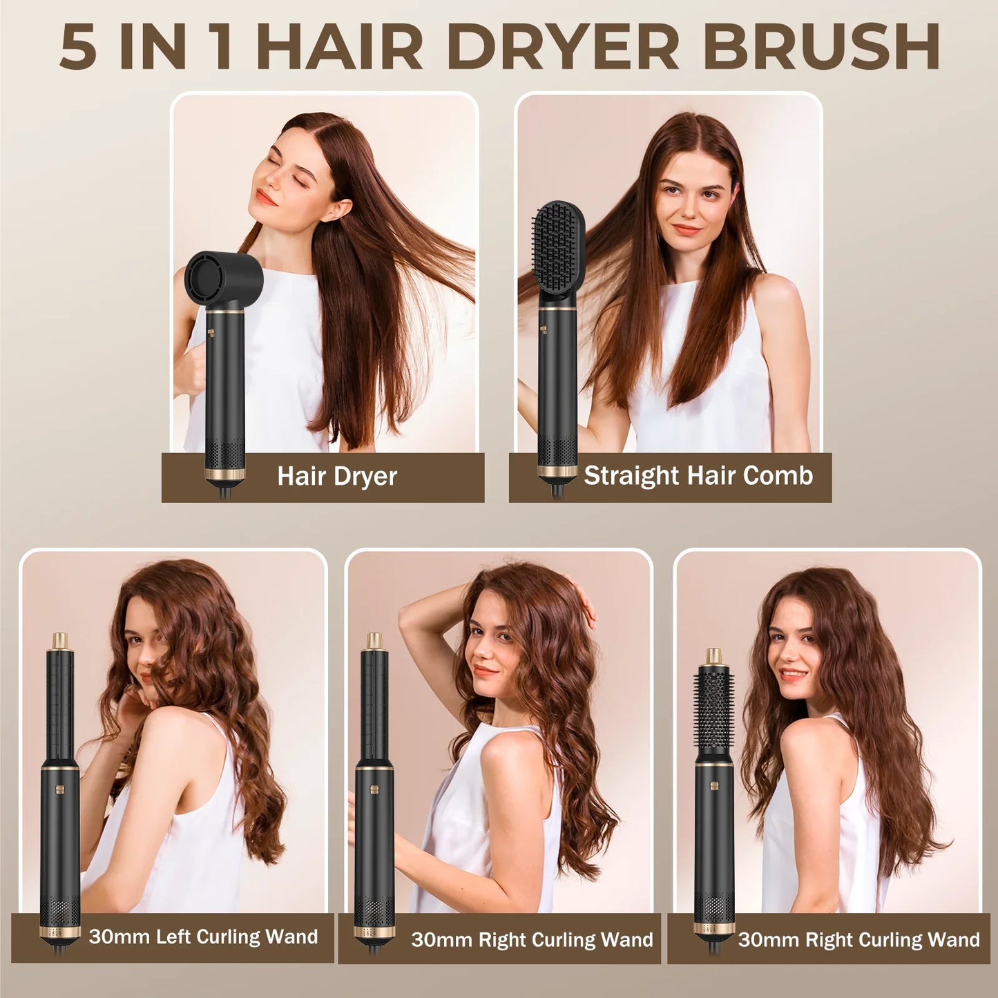 5-in-1 Electric Hair Dryer Comb – Negative Ion Straightener, Curling Iron & Detachable Multifunctional Heating Brush