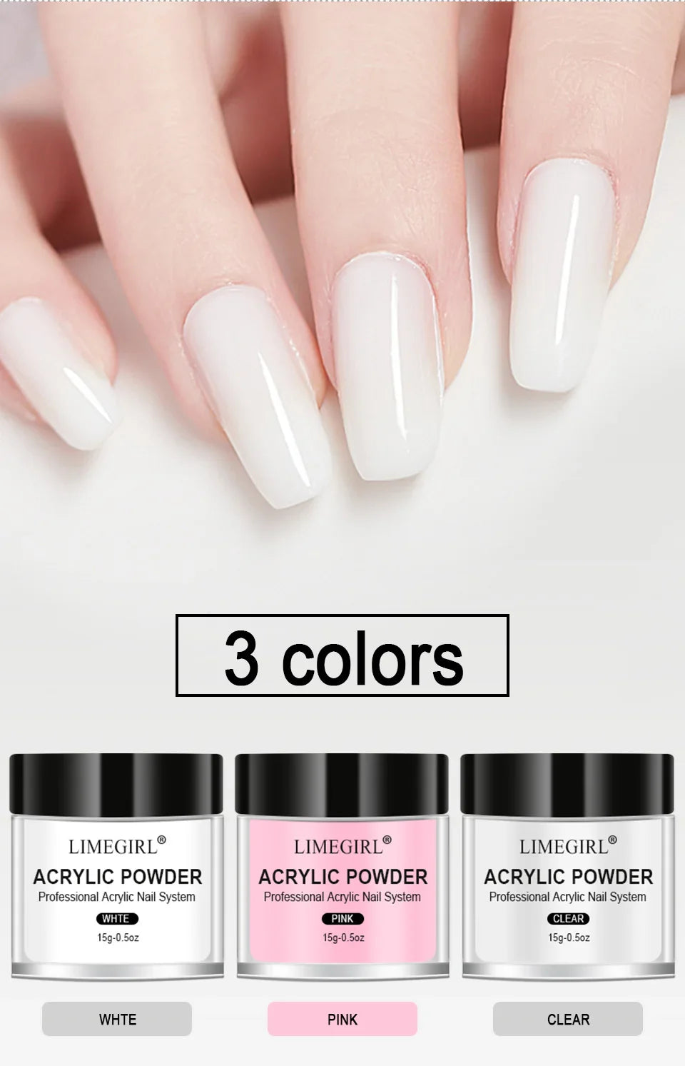 40ml Crystal Liquid & 45ml Acrylic Powder Set – Pink, White, Transparent Acrylic Powder Kit for Beginners Nail Art