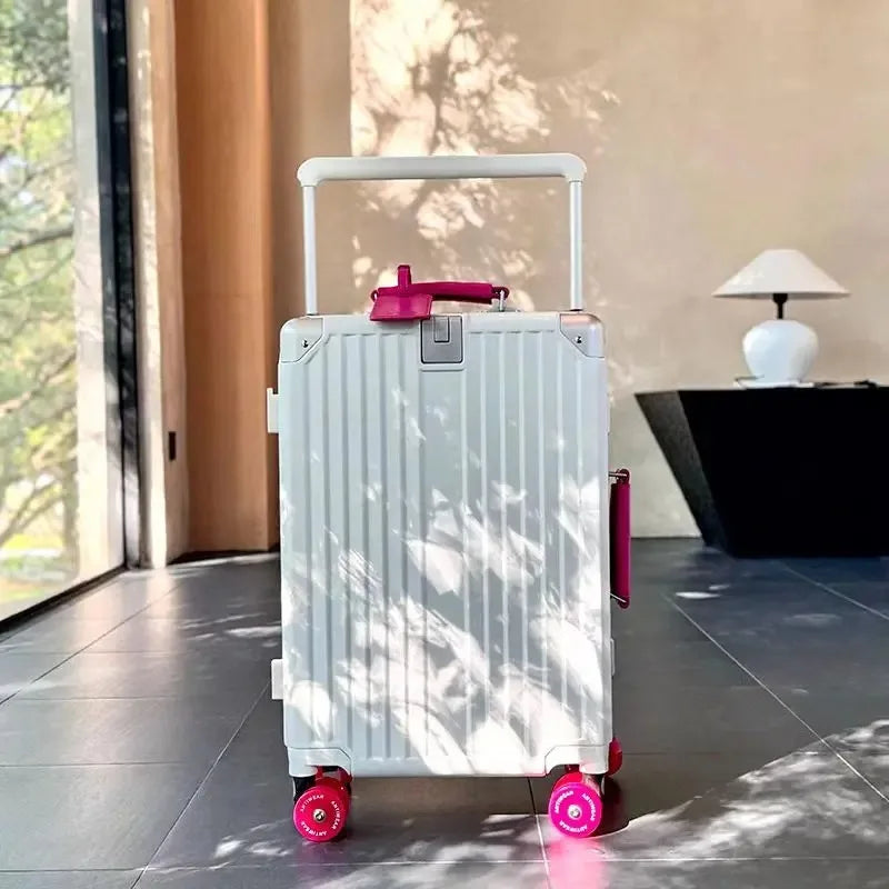 Aluminum Frame Rolling Luggage — Wide Handlebar Trolley Suitcase with Colorful Silent Spinner Wheels, TSA Lock & Large Capacity