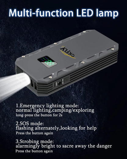GKFLY 12V Car Jump Starter 18000mAh – 3000A Power Bank & Battery Booster for Petrol & Diesel Cars