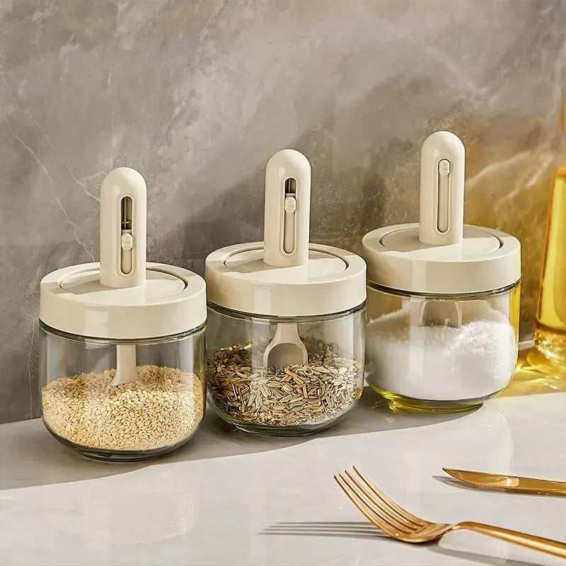 Glass Seasoning Bottle with Telescopic Spoon - Household Kitchen Salt Storage Box, Leak-proof and Moisture-proof
