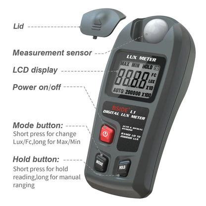 Illuminate with Precision: BSIDE Lux Meter Digital Illuminometer - Pocket Light Meter Lux/FC Measure Tester Sensor Photometer, 0~200,000lux LCD Display