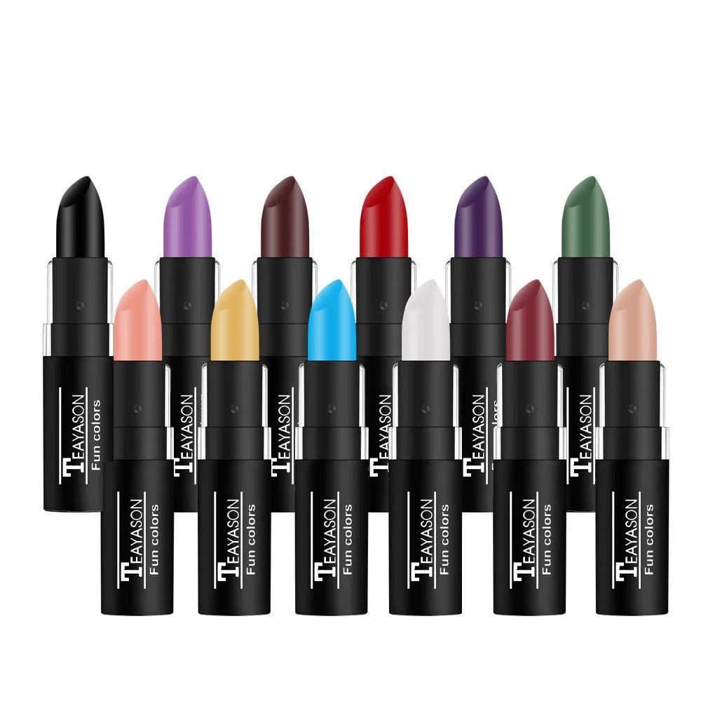 12 Color Waterproof Lipstick – Long-Lasting Matte Lip Gloss in Black, Blue, Purple, Green & Red