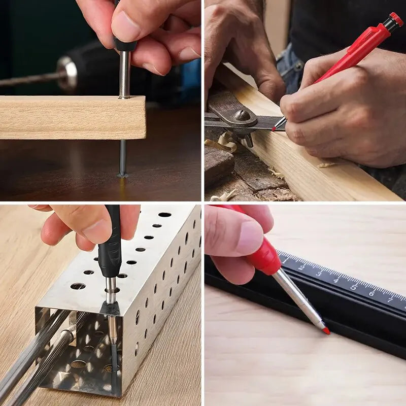 Professional Carpenter Pencil - Metal Long Head Deep Hole Engineering Marker with Quick Drying Graphite, Woodworking Black Red Lineation