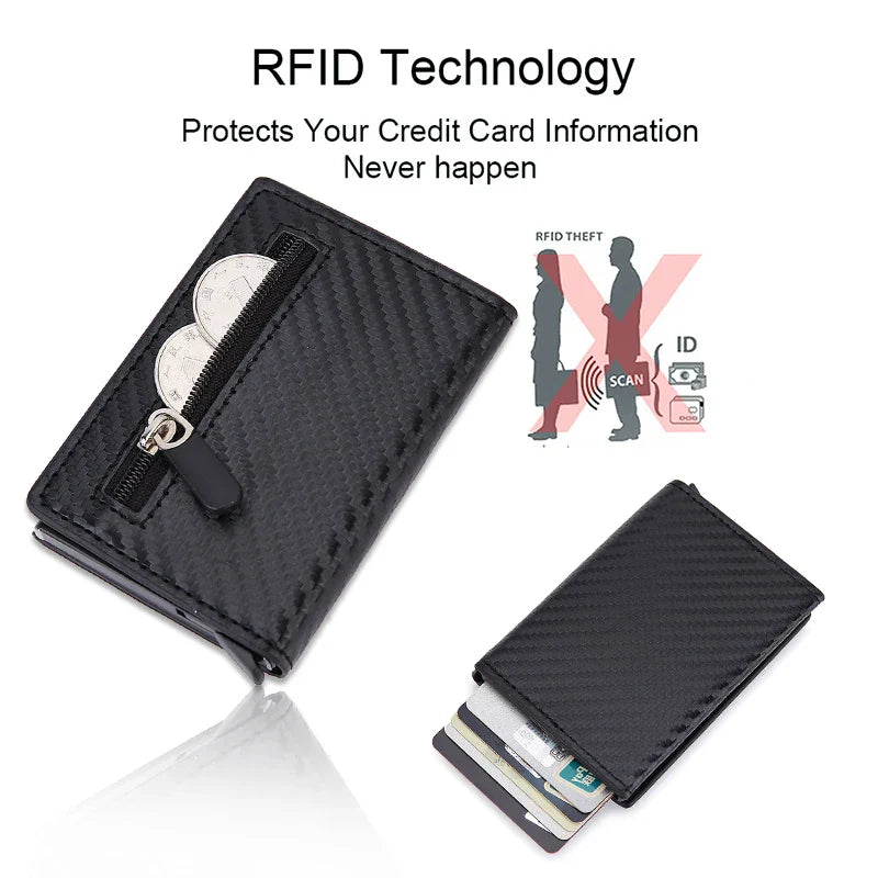 RFID Carbon Fiber Card Holder Wallet: Slim Thin Metal Leather Mini Wallet for Men - Black Purse, New Design