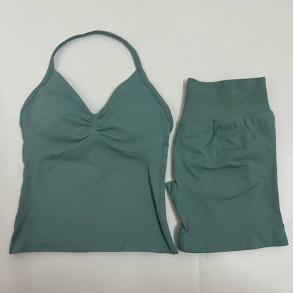 2-Piece Women’s Yoga Set – Seamless Longline Strappy Tank Top & Scrunch Sports Shorts, Summer Workout Gym Outfit