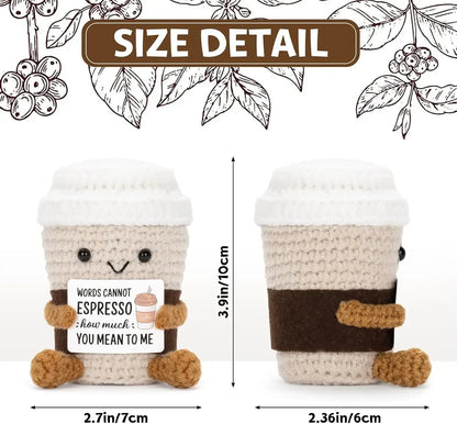 Handmade Crochet Coffee Doll – Funny Emotional Support Desktop Ornament & Christmas Gift