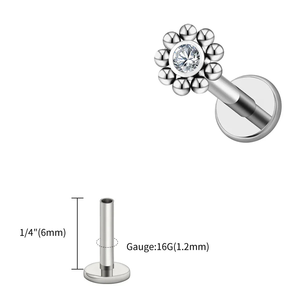Right Grand ASTM F136 Titanium 16G Mini Beaded Sun Labret Stud CZ Flower – Tragus, Helix, Conch & Nose Piercing Body Jewelry